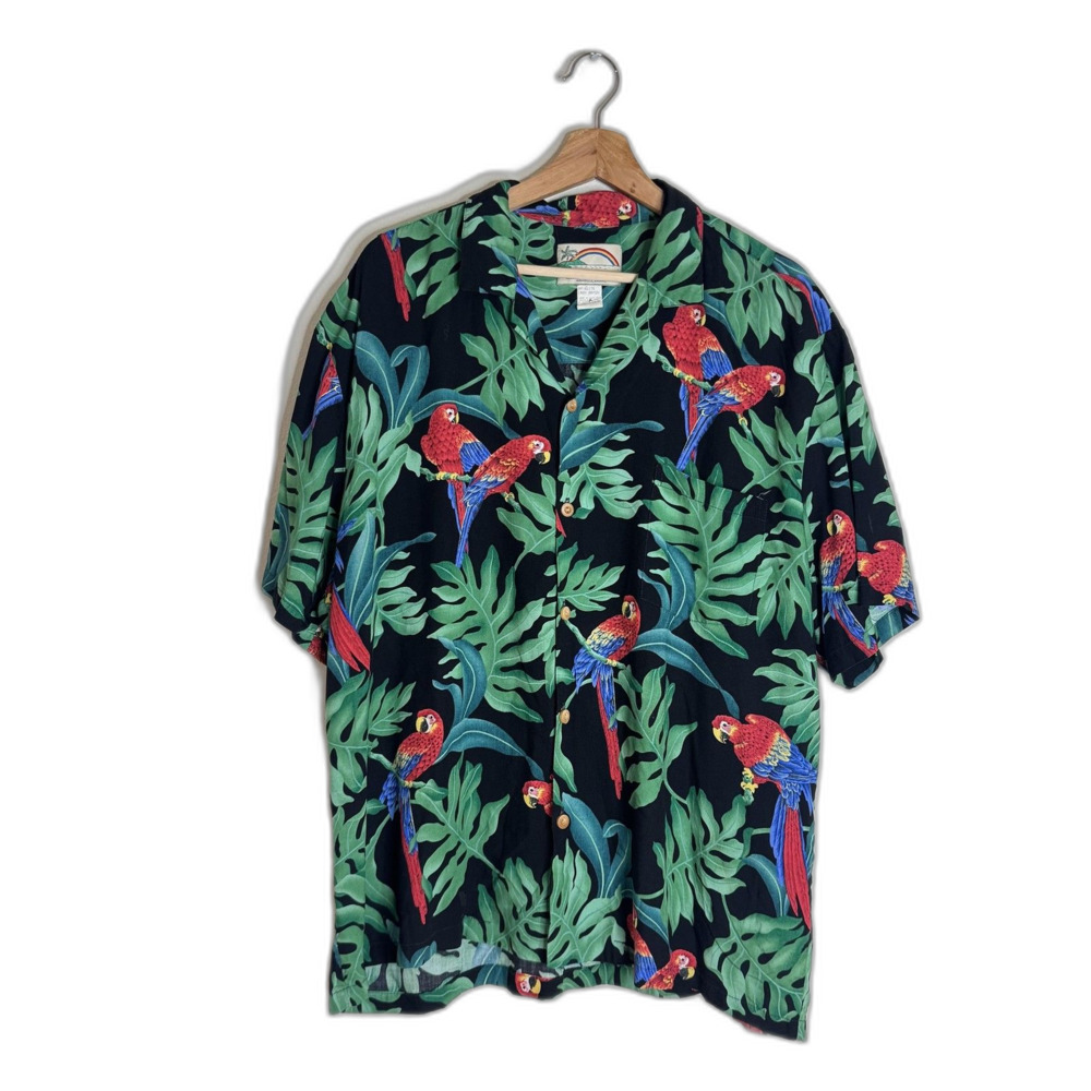 Paradise Found Shirt Mens XL Black Parrot Hawaiian Aloha Rayon Button Front